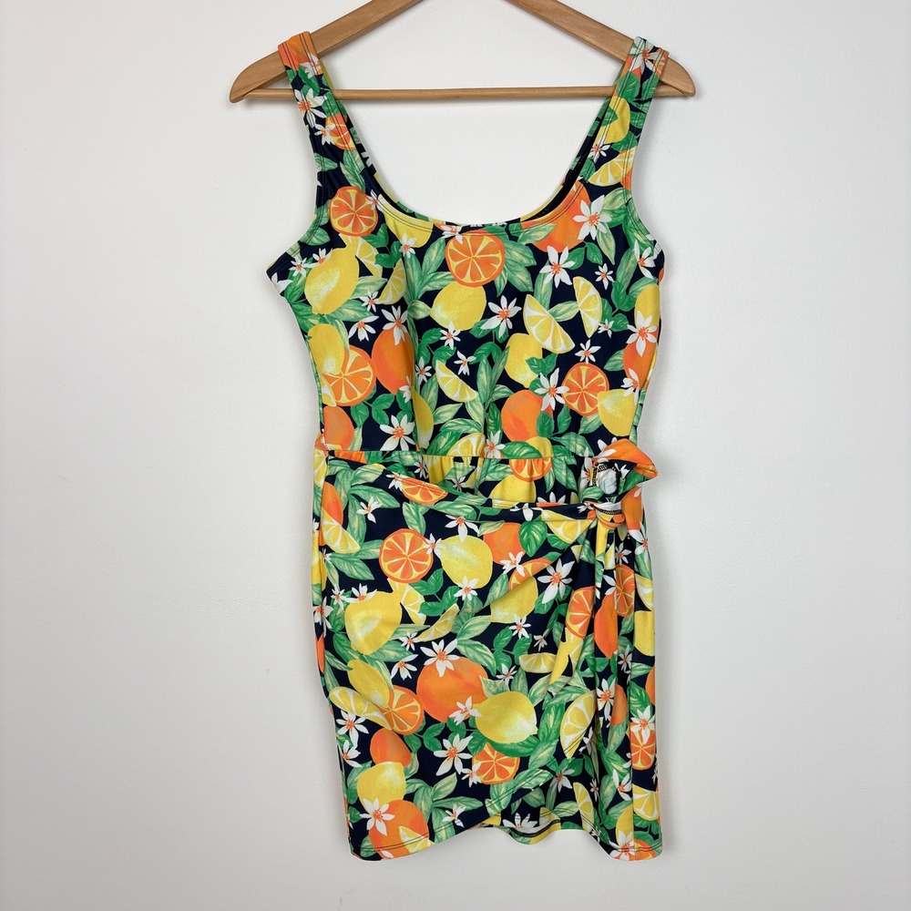 Old Navy Women Fruit Floral Print Swim Dress Size Large Blue Faux Wrap Novelty